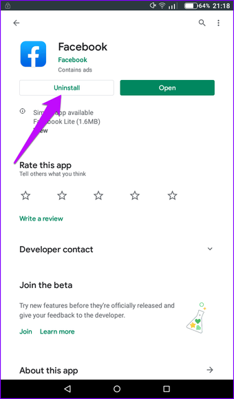 Deinstallieren Sie die Facebook-Anwendung