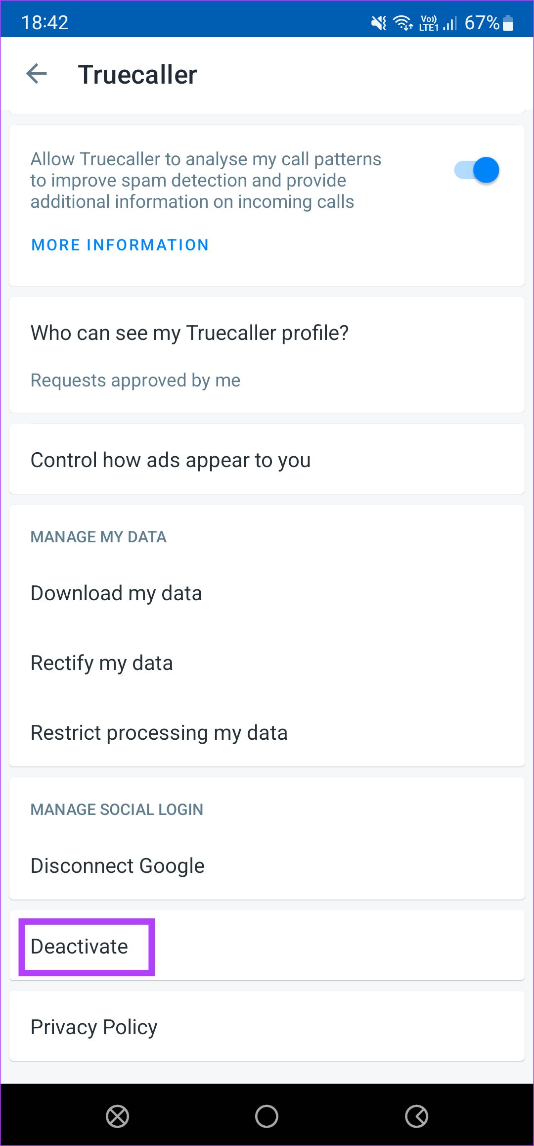 Truecaller-Konto deaktivieren