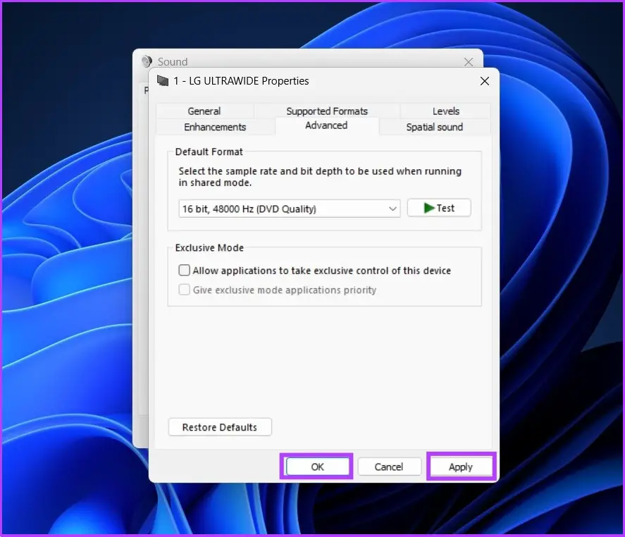 Klicken Sie auf Übernehmen und dann auf OK