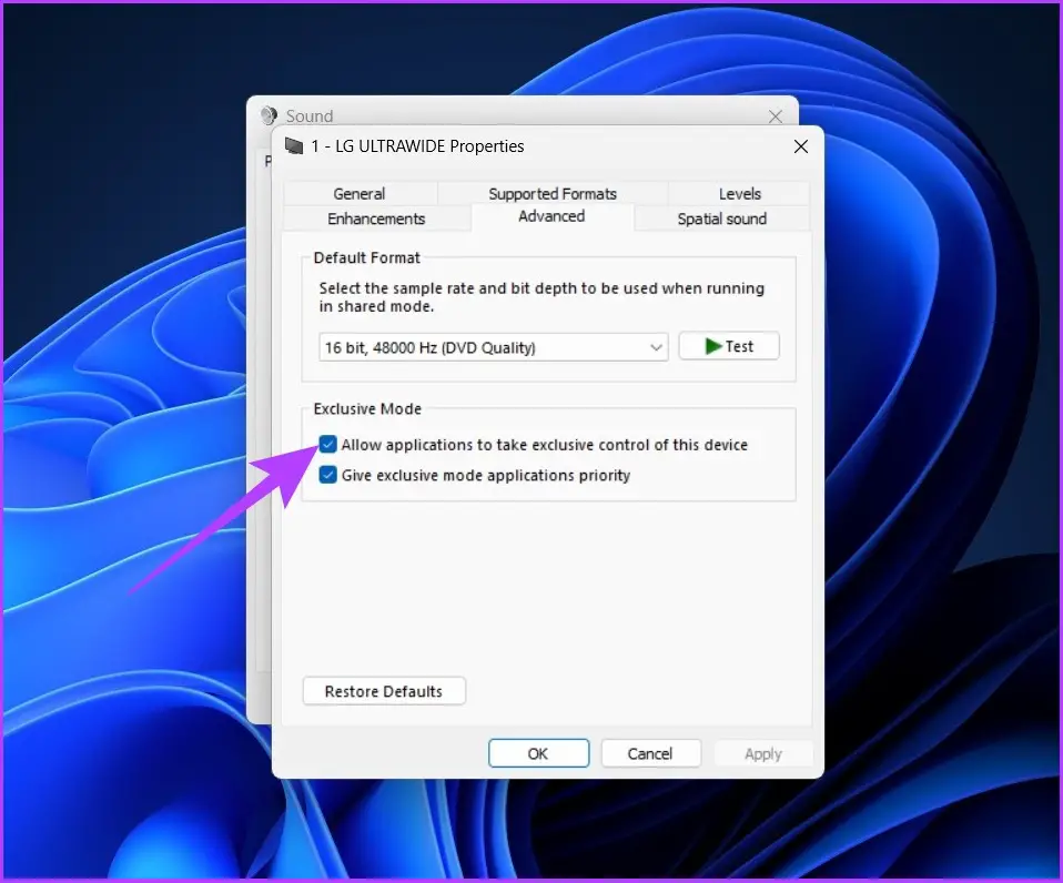 Deaktivieren Sie Apps erlauben, die exklusive Kontrolle über dieses Gerät zu übernehmen